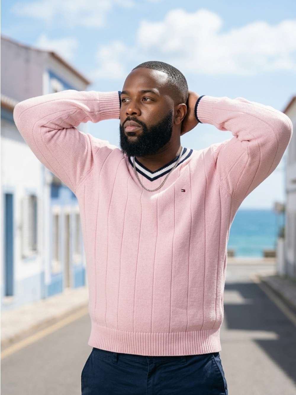 Tommy Hilfiger Men’s Pink V-Neck Knit Sweater XL